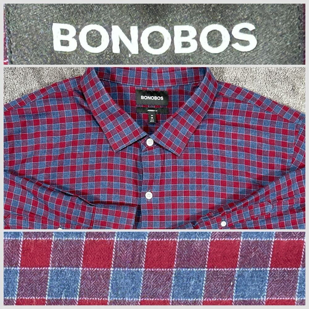 Bonobos‎ Men 4XL Prominent Fit Flannel Shirt Casual Red Grey Plaid 100% Cotton